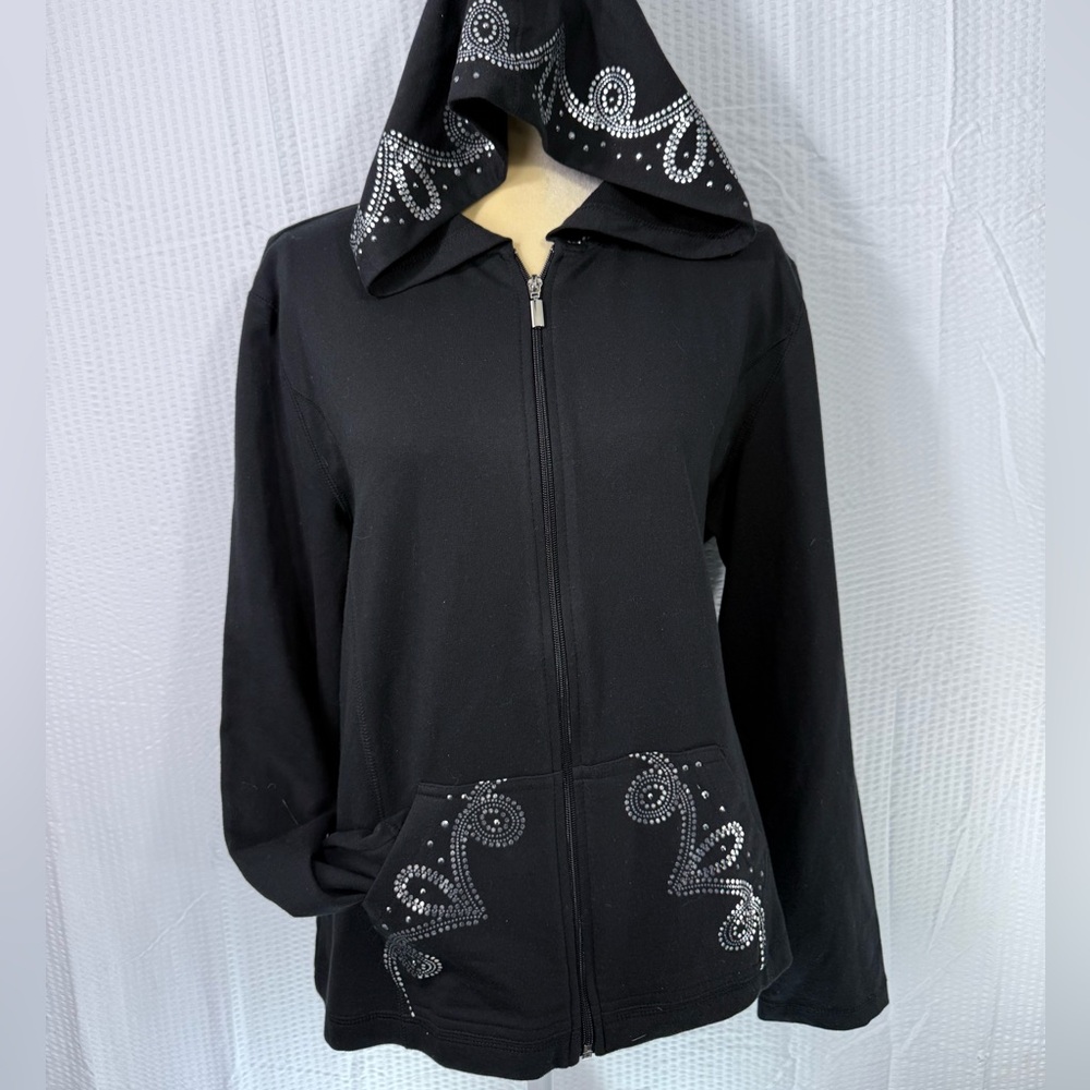Vintage Cotton Y2K Black Women’s Rhinestone Embroidered Hooded Jacket Size XL